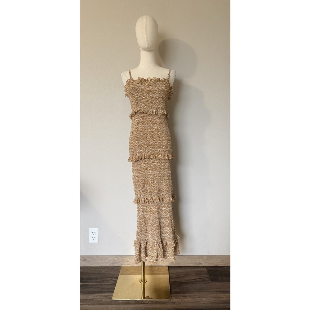 Mable Size Small Mustard Leaf Print Ruffle Tiered Smocked Fitted Midi Dress - Picture 3 of 16